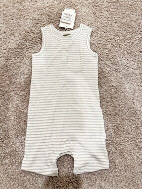 Petit Lem Cream and Gray Striped Sleeveless One-Piece Bodysuit